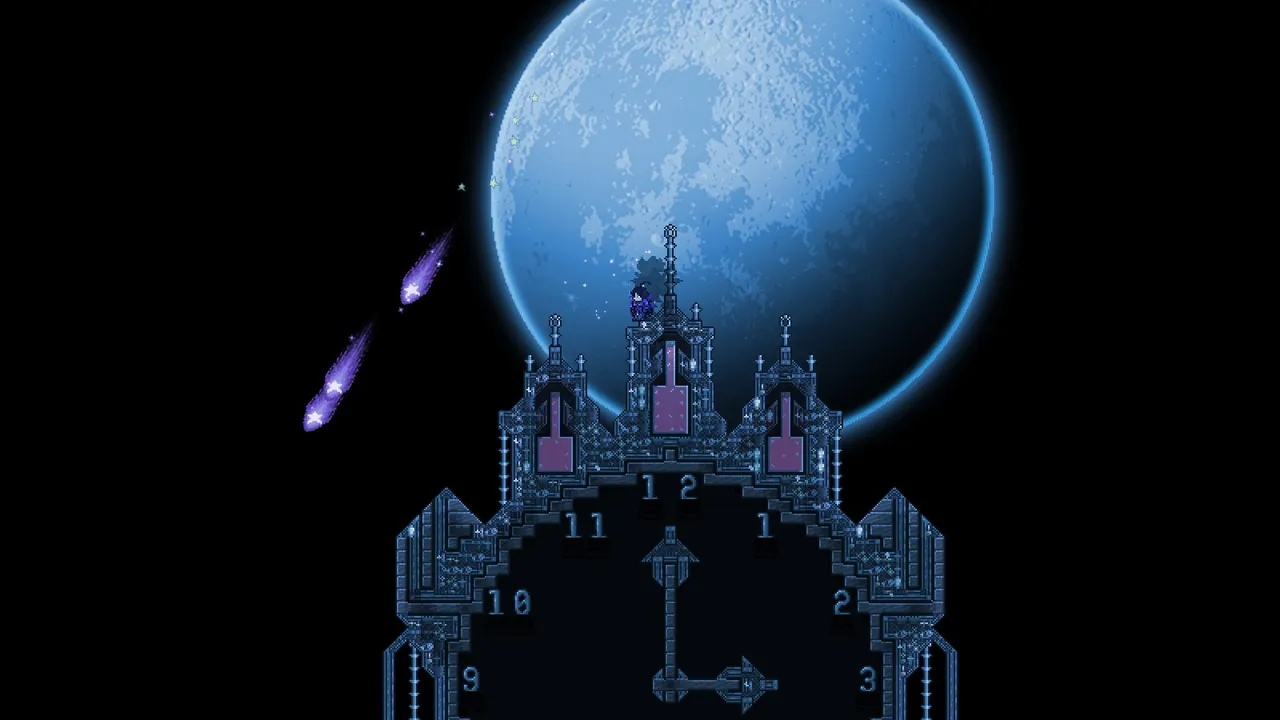 Official Terraria screenshot of a large moon over a castle silhouette at night