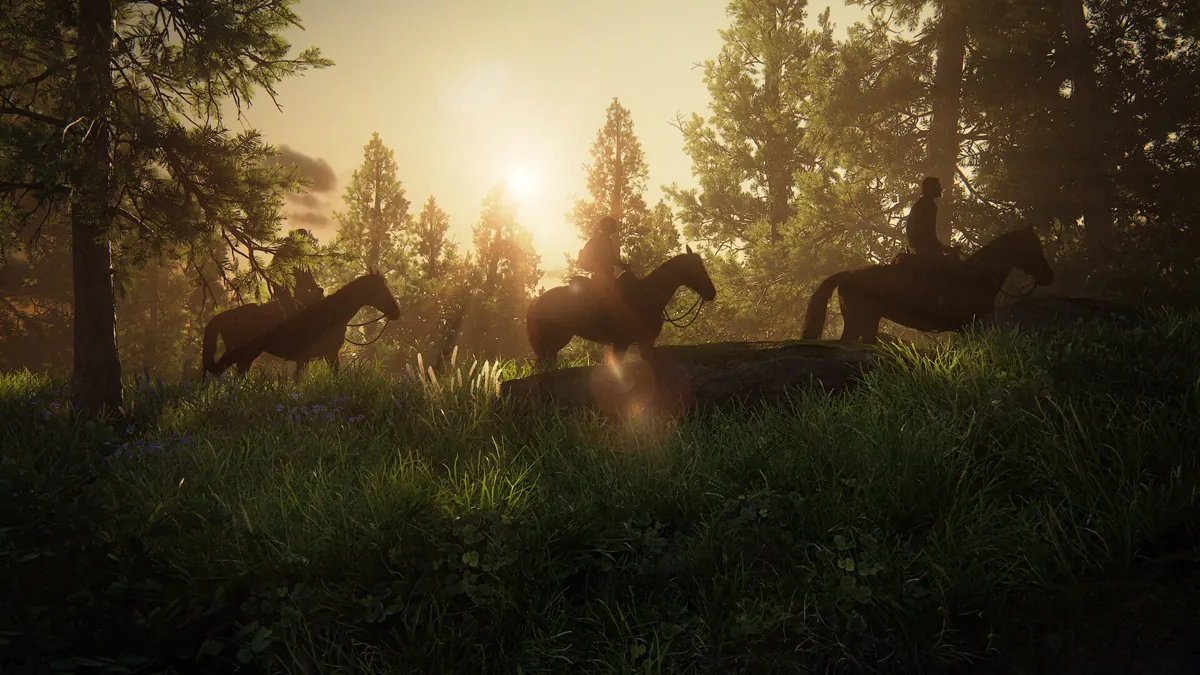 Joel and Ellie riding through a wooded landscape