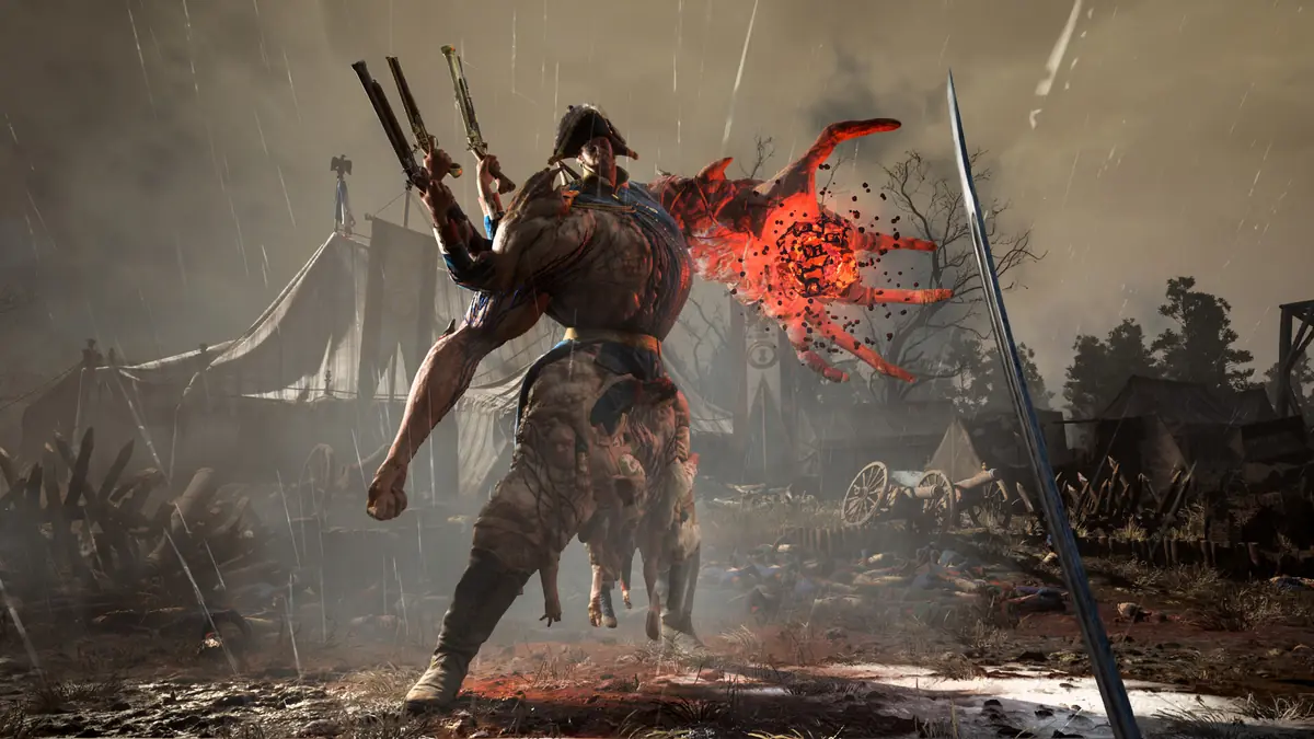 Official Valor Mortis screenshot of a large armoured enemy silhouetted against a grey sky