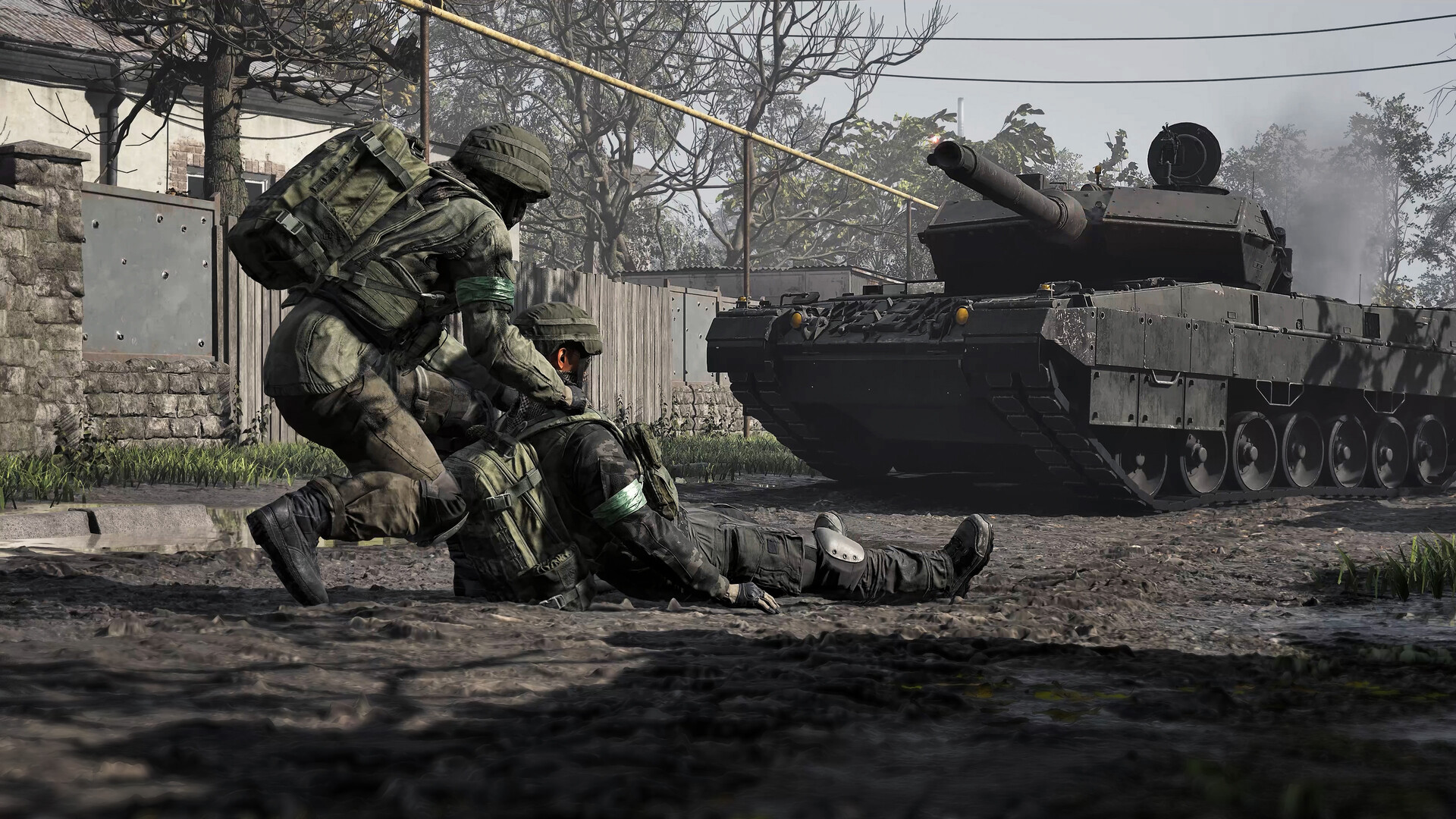 Official WARDOGS screenshot of a soldier dragging a wounded teammate to cover in front of a main battle tank