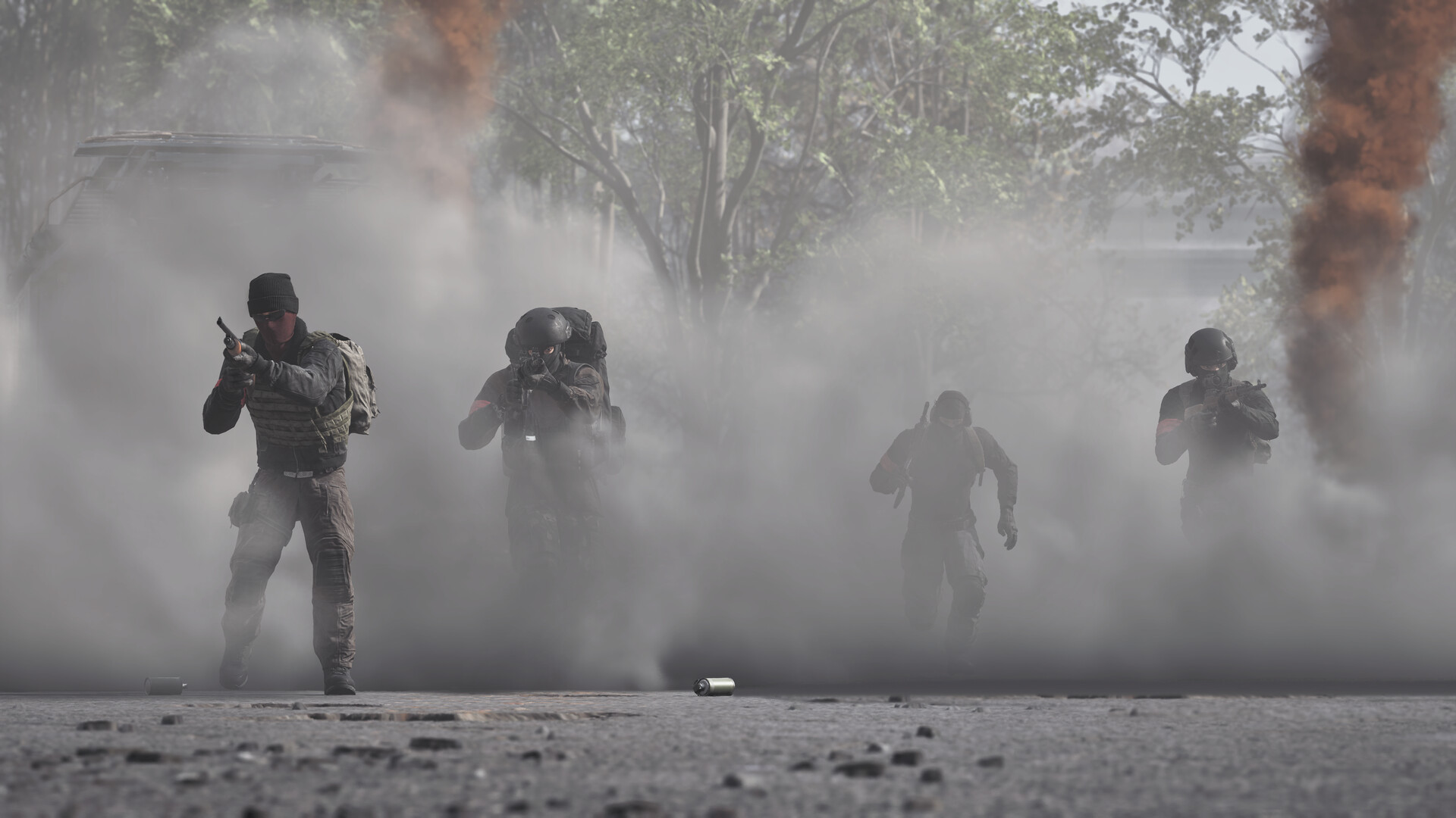 Official WARDOGS screenshot of four soldiers advancing through smoke on an open road