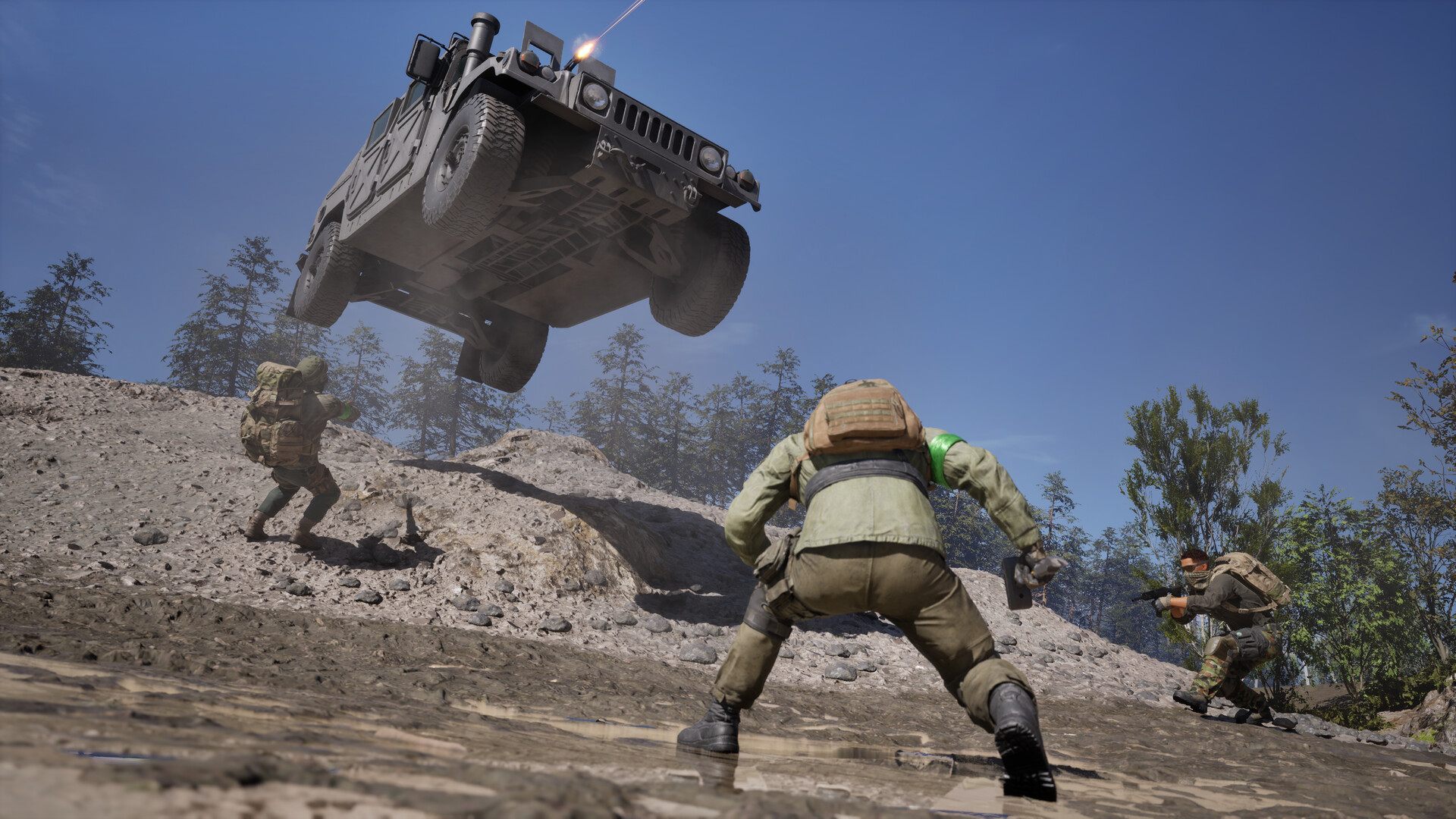Official WARDOGS screenshot of three soldiers on a dirt slope as an armoured vehicle launches into the air above them